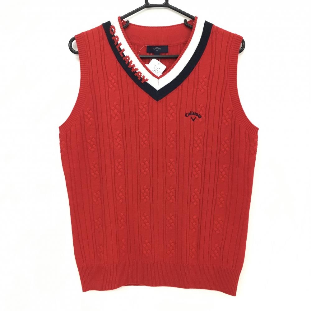 【新品】キャロウェイ ニットベスト レッド×ネイビー ケーブル編み ネックロゴ ウール混 レディース LL ゴルフウェア Callaway