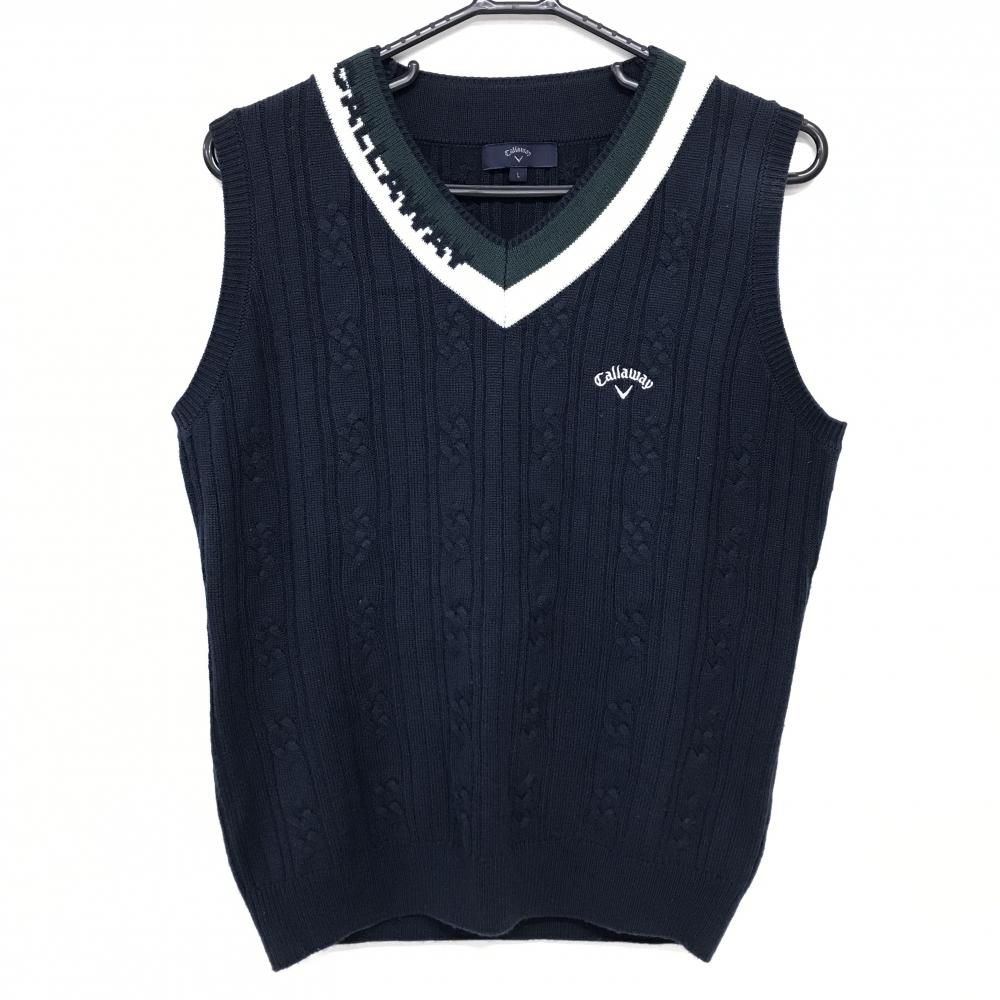 【美品】キャロウェイ ニットベスト ネイビー×アイボリー Vネック ウール混 レディース L ゴルフウェア Callaway
