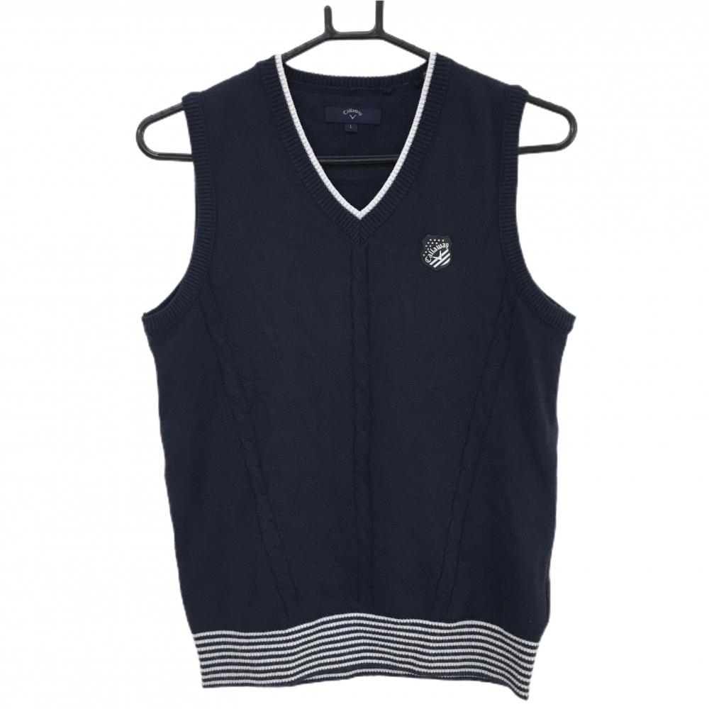 キャロウェイ ニットベスト ネイビー×白 一部ケーブル編み ウール混 Vネック  レディース L ゴルフウェア Callaway