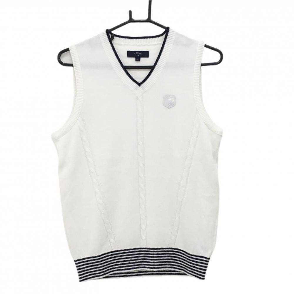 【超美品】キャロウェイ ニットベスト 白×ネイビー 前面ケーブル編み ワッペン レディース L ゴルフウェア Callaway