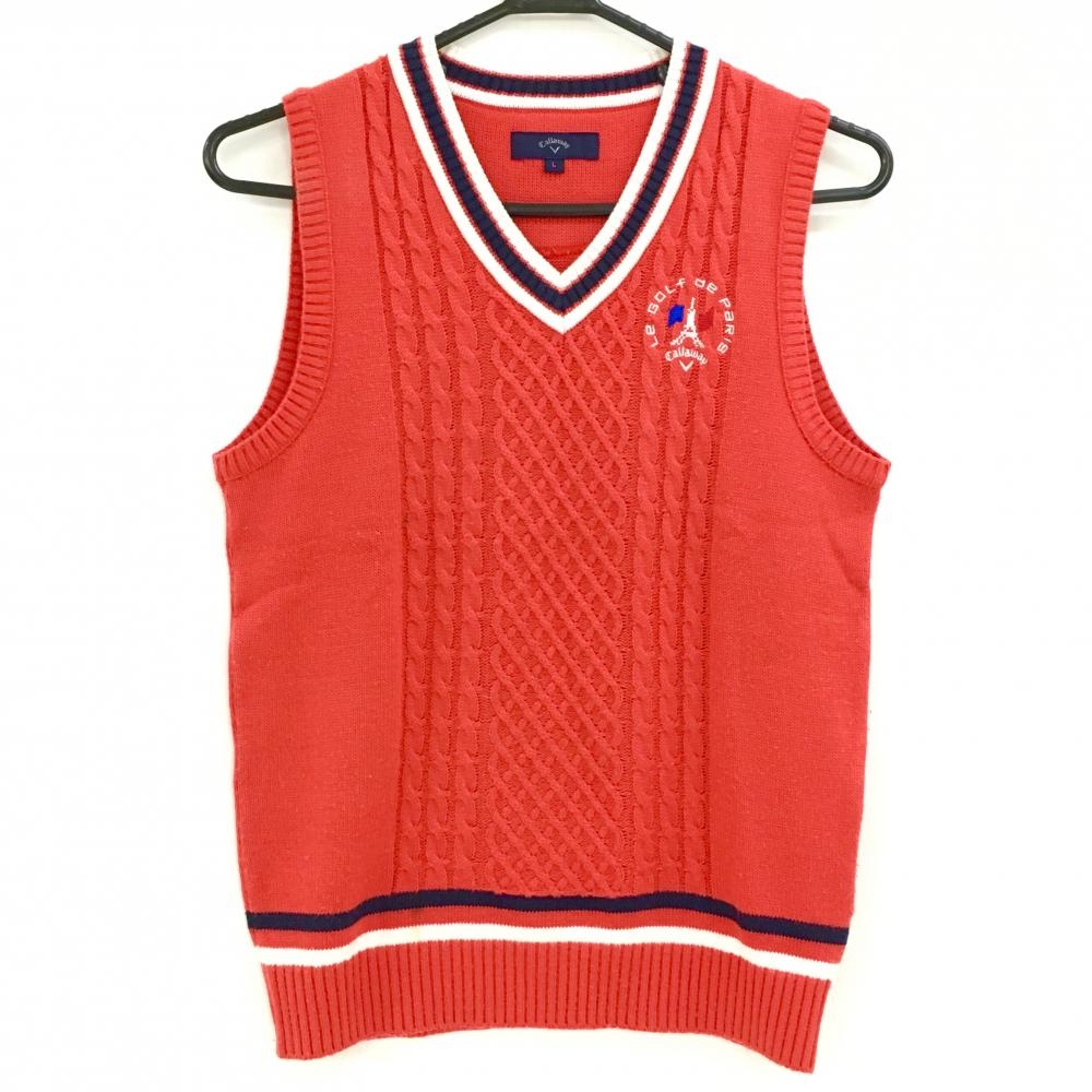 キャロウェイ ニットベスト レッド×白 一部ケーブル編み ウール混 Vネック レディース L ゴルフウェア Callaway
