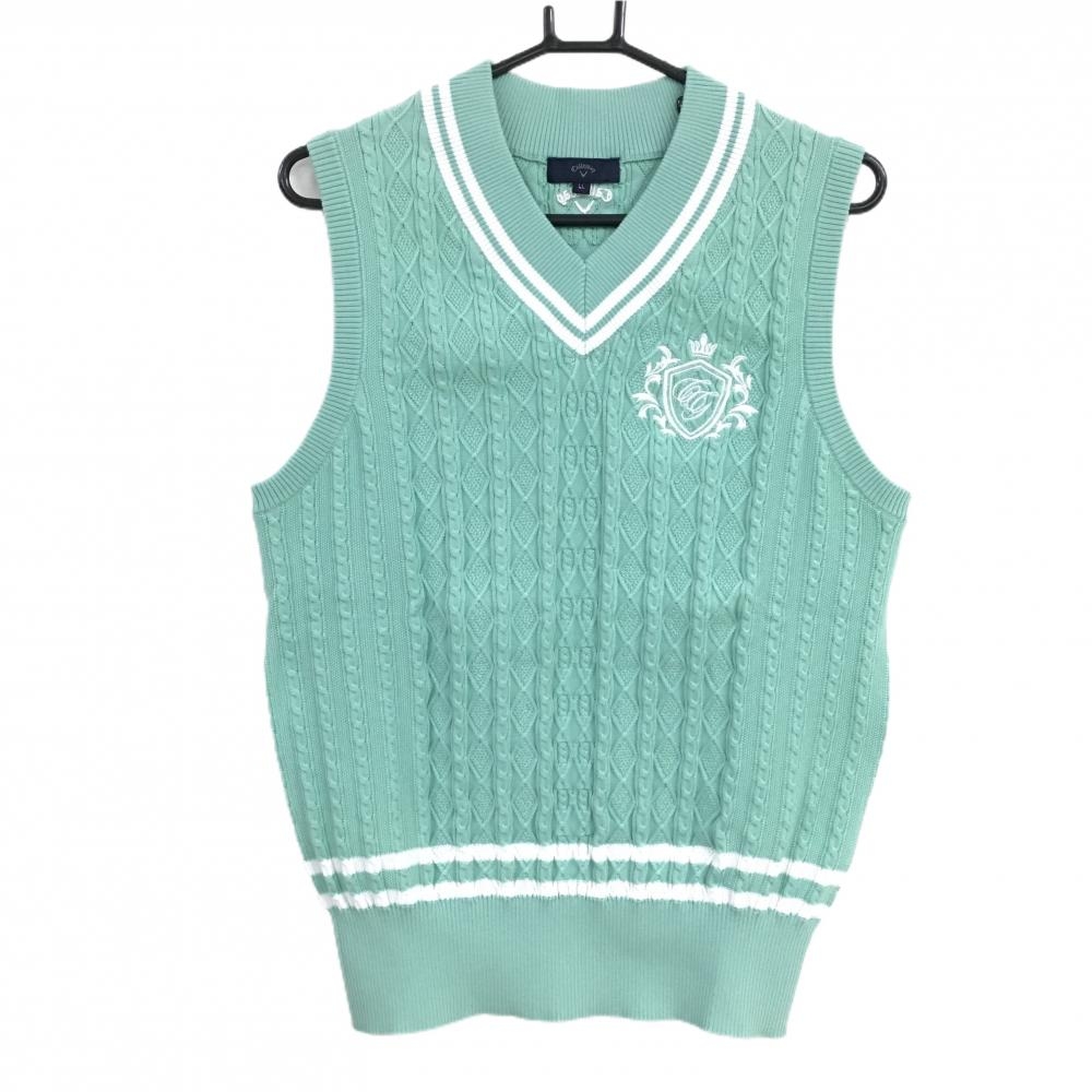 【超美品】キャロウェイ ニットベスト ライトグリーン×白 Vネック ケーブル編み レディース LL ゴルフウェア 2025年モデル Callaway