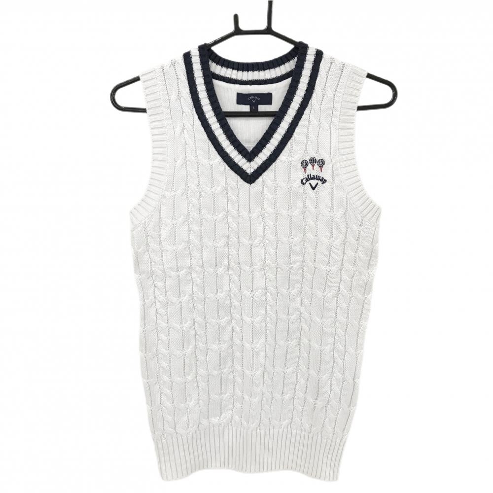 【美品】キャロウェイ ニットベスト 白 ケーブル編み ウール混 Vネック レディース L ゴルフウェア Callaway