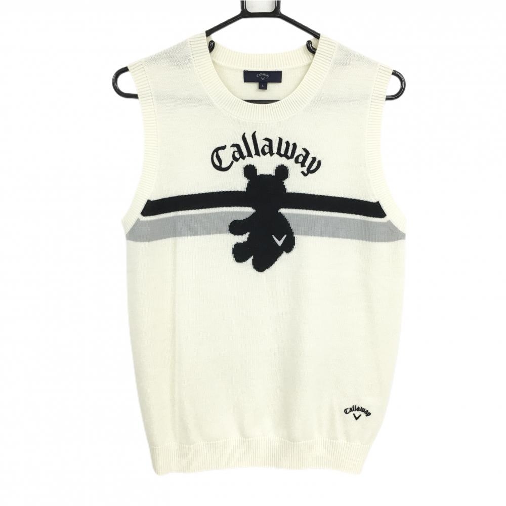 【超美品】キャロウェイ ニットベスト 白×黒 ベア ウール混  レディース L ゴルフウェア Callaway