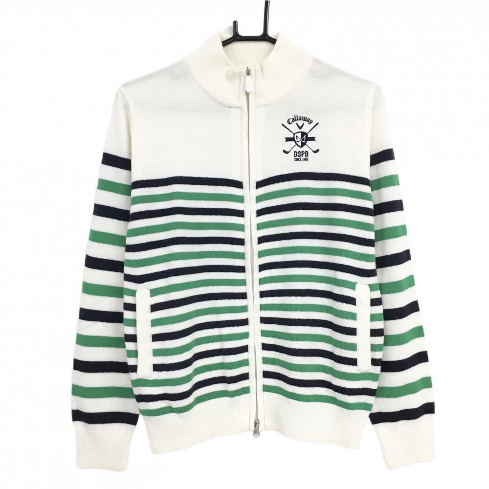 キャロウェイ ニットジャケット 白×グリーン ボーダー ウール混 レディース L ゴルフウェア Callaway