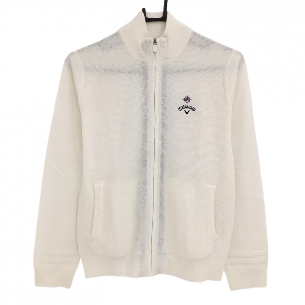【美品】キャロウェイ ニットジャケット 白 ダイヤ柄 ロゴ刺しゅう ウール混  レディース M ゴルフウェア Callaway