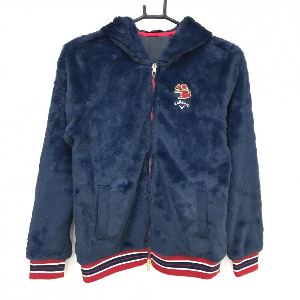 【超美品】キャロウェイ ボアパーカー ネイビー×レッド ロゴ刺しゅう リス レディース M ゴルフウェア Callaway