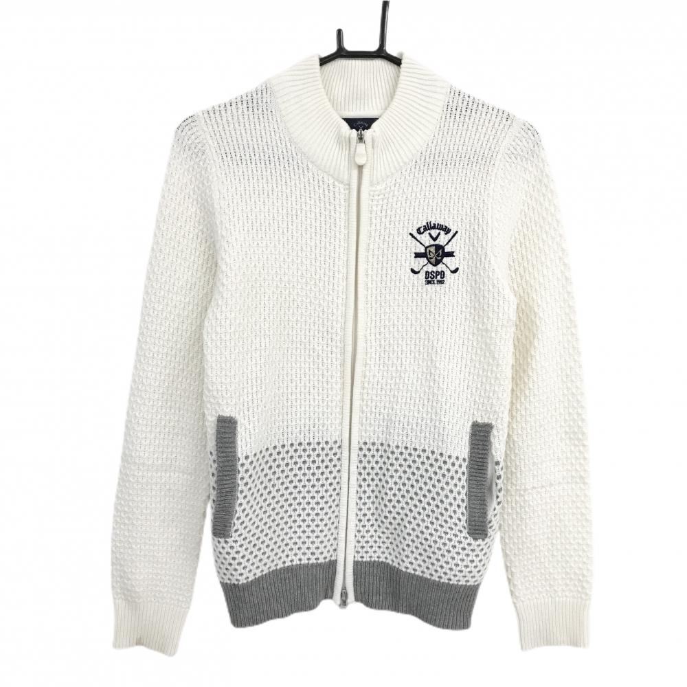 【美品】キャロウェイ ニットジャケット 白 身頃下グレー 織生地 ウール混 ダブルジップ  レディース M ゴルフウェア Callaway