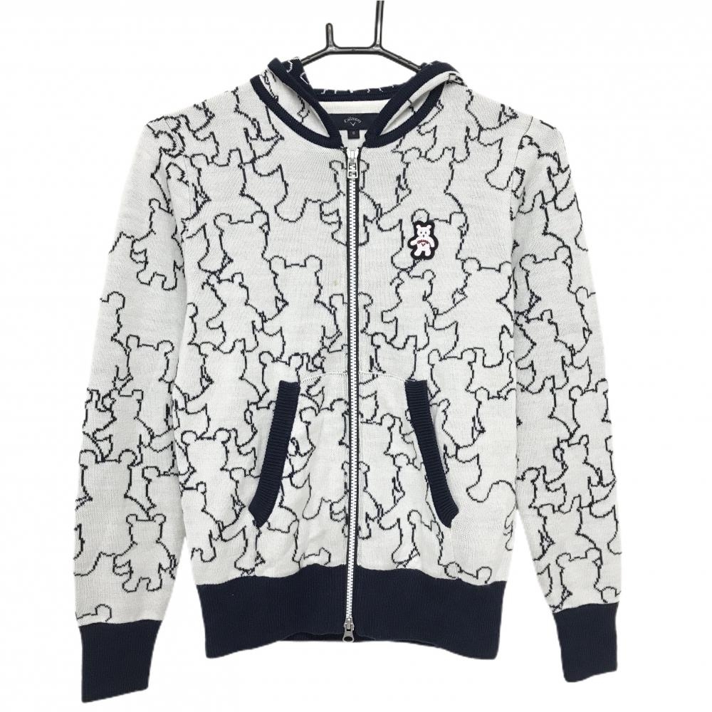 キャロウェイ ニットジップパーカー 白×ネイビー クマ総柄 ジャケット レディース S ゴルフウェア Callaway