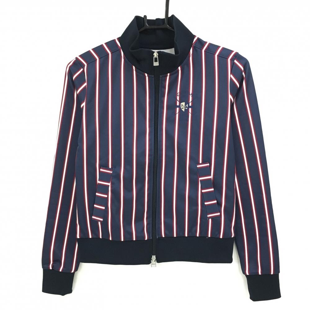 【美品】キャロウェイ ジャケットブルゾン ネイビー×レッド ストライプ 裏微起毛 ロゴプリント レディース S ゴルフウェア Callaway