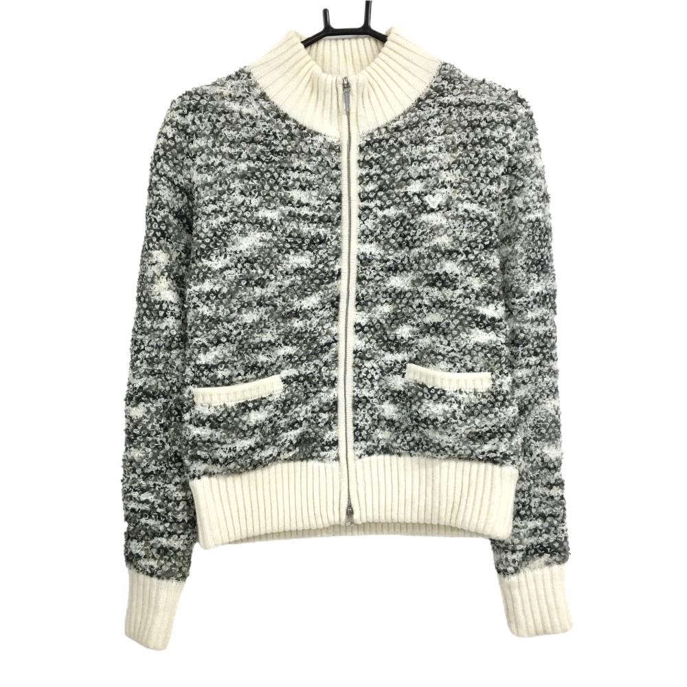 【超美品】キャロウェイ ニットジャケット アイボリー×カーキ ラインストーンロゴ 裏地付き ウール混 レディース M ゴルフウェア Callaway