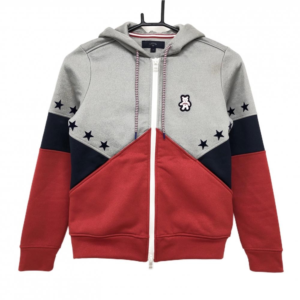 キャロウェイ ジップパーカー グレー×レッド ベアワッペン 裏起毛 星 ジャケット レディース S ゴルフウェア Callaway