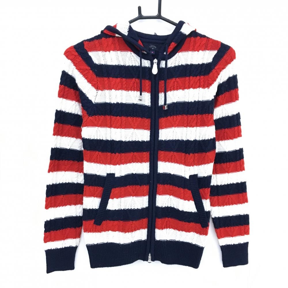 【超美品】キャロウェイ ニットパーカー ネイビー×レッド×白 ボーダー ジャケット レディース M ゴルフウェア Callaway