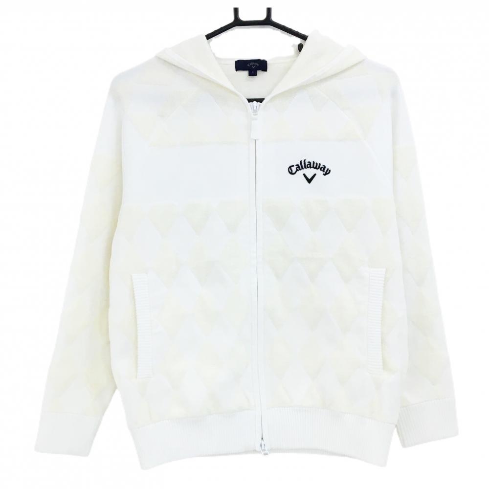 【超美品】キャロウェイ ジップパーカー 白 前面・袖ダイヤ柄  レディース S ゴルフウェア Callaway