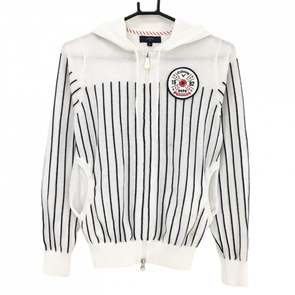 キャロウェイ ニットジップパーカー 白×ネイビー ストライプ ワッペン ジャケット レディース M ゴルフウェア Callaway