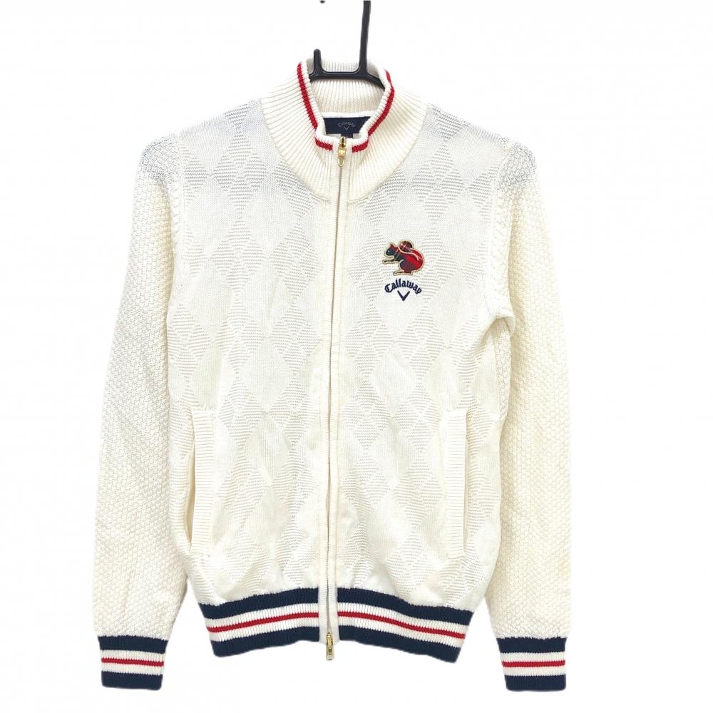 【超美品】キャロウェイ ニットジップジャケット 白×ネイビー×レッド ダブルジップ レディース S ゴルフウェア Callaway