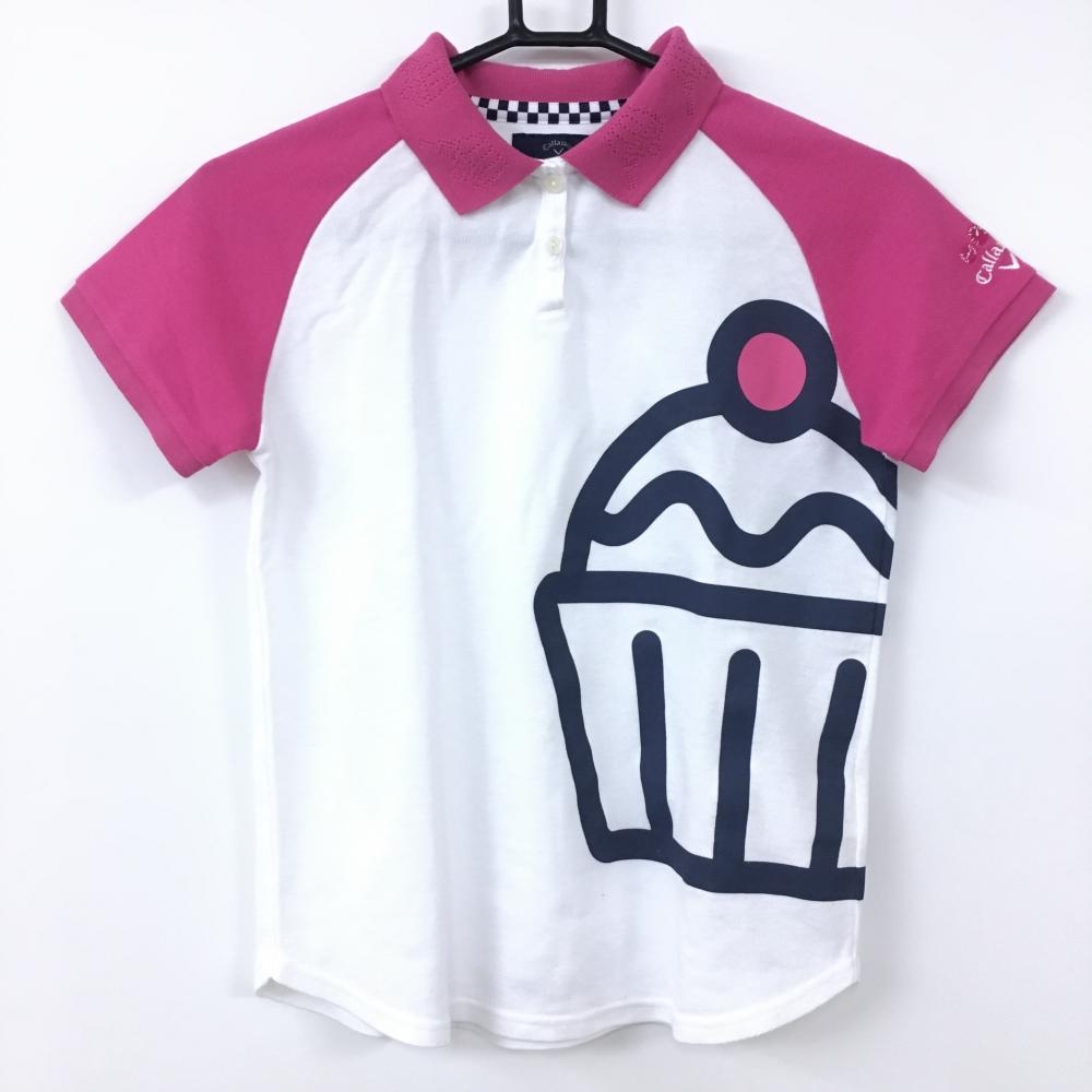【美品】キャロウェイ 半袖ポロシャツ 白×ピンク カップケーキ 襟透かし模様 レディース M ゴルフウェア Callaway