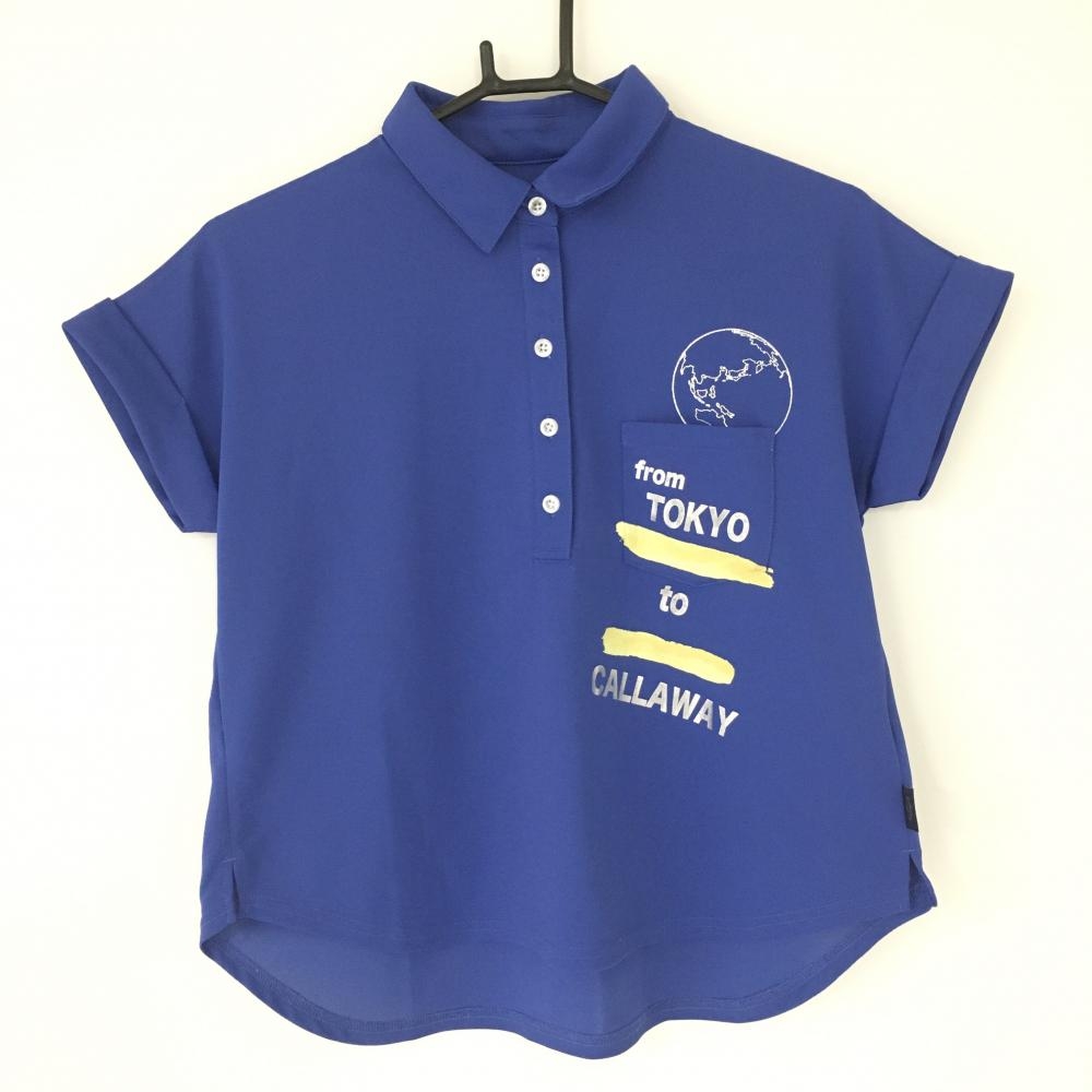 【美品】キャロウェイ 半袖ポロシャツ ブルー×イエロー ペイントプリント 胸ポケット  レディース M ゴルフウェア Callaway