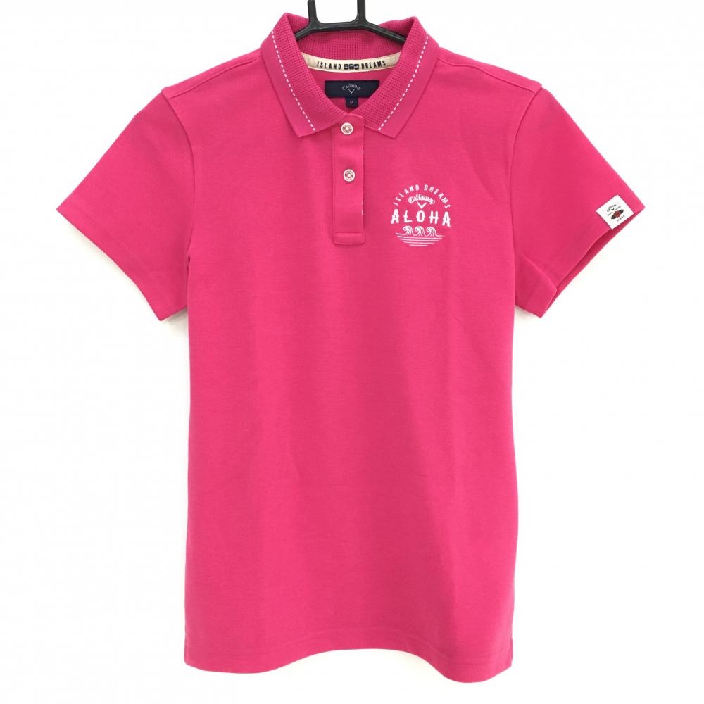 【超美品】キャロウェイ 半袖ポロシャツ ピンク 襟透かし編み ALOHA レディース M ゴルフウェア Callaway