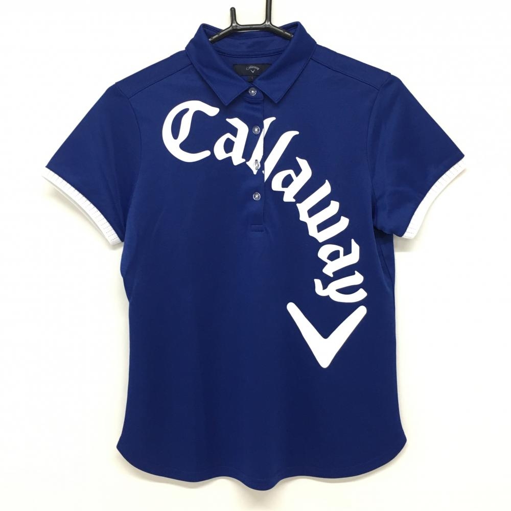 【超美品】キャロウェイ 半袖ポロシャツ ブルー×白 袖口透かし編み ビッグロゴプリント レディース L ゴルフウェア 2022年モデル Callaway
