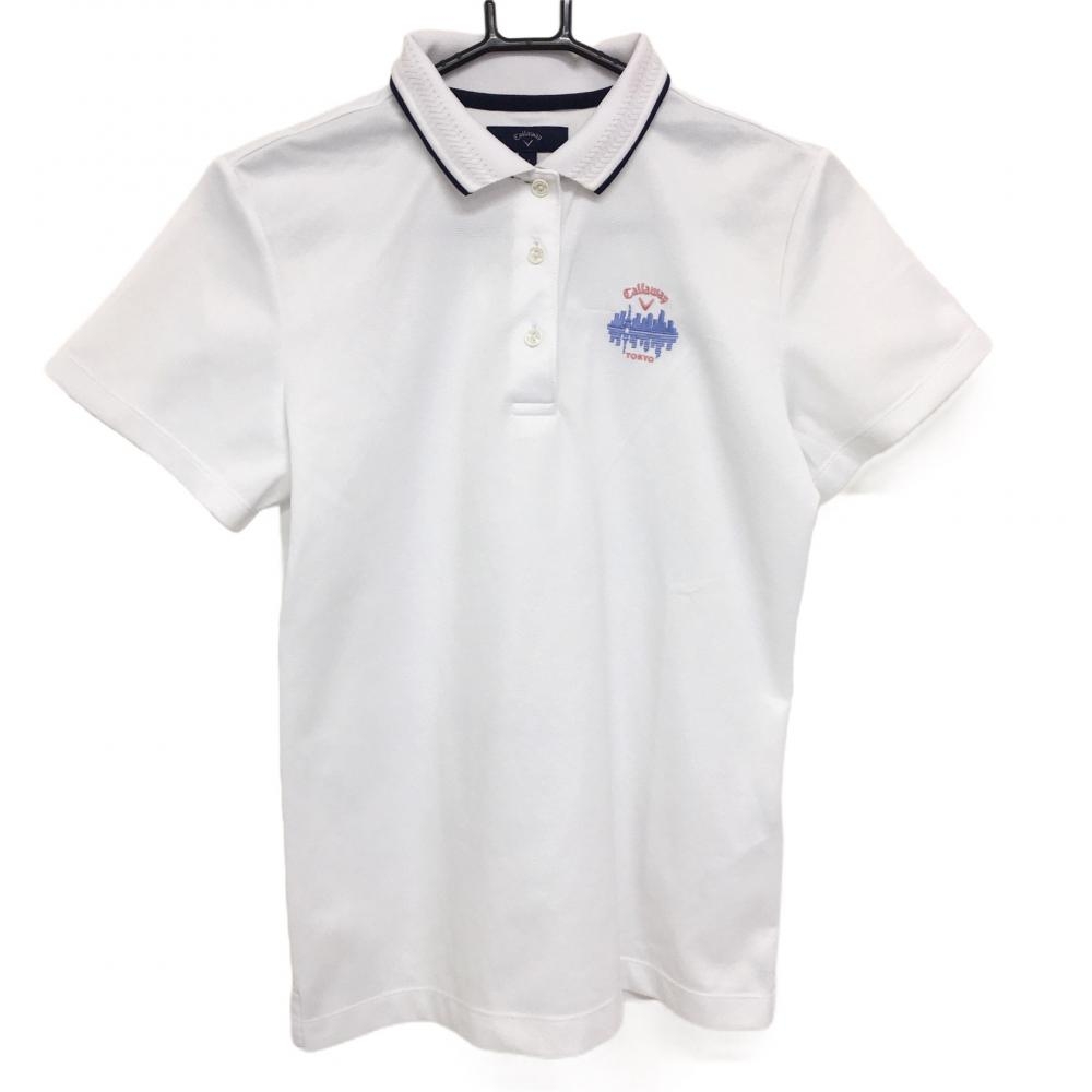 キャロウェイ 半袖ポロシャツ 白×ネイビー ロゴ刺しゅうピンク  レディース LL ゴルフウェア Callaway