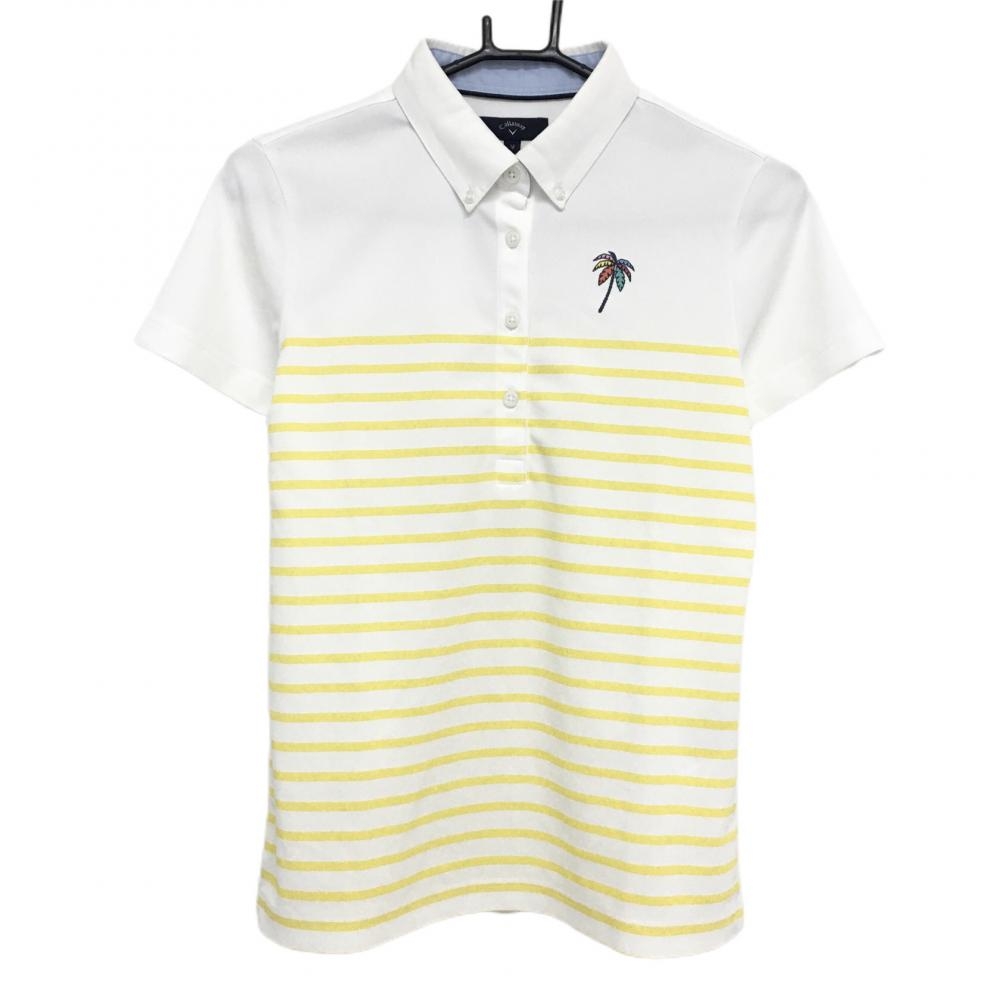 【美品】キャロウェイ 半袖ポロシャツ 白×イエロー 下部ボーダー ヤシの木  レディース M ゴルフウェア Callaway