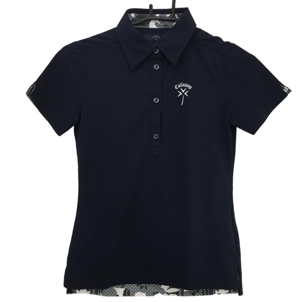 【美品】キャロウェイ 半袖ポロシャツ ネイビー×白 地模様 ロゴ刺しゅう  レディース Ｓ ゴルフウェア Callaway