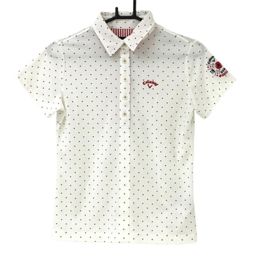 【美品】キャロウェイ 半袖ポロシャツ 白×レッド ドット柄 ロゴ刺しゅう 襟裏ボーダー レディース M ゴルフウェア Callaway