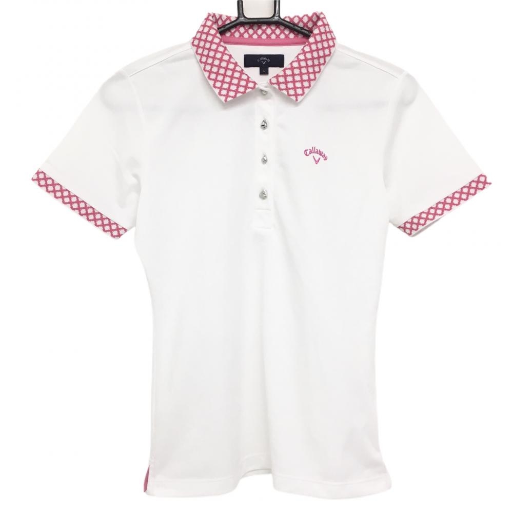 キャロウェイ 半袖ポロシャツ 白×ピンク 襟・袖口ダイヤ柄 トランプマークボタン レディース L ゴルフウェア Callaway