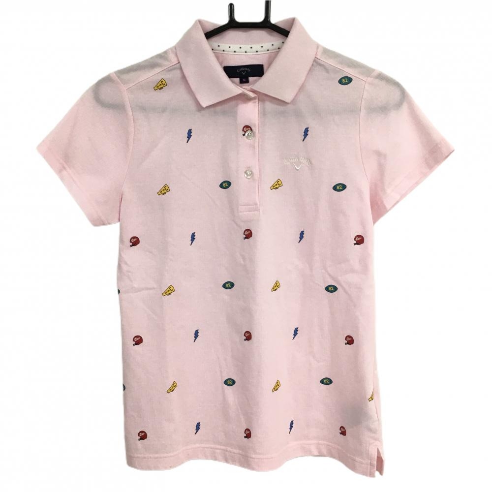 【美品】キャロウェイ 半袖ポロシャツ ピンク 前面総柄 ストライプ織生地  レディース M ゴルフウェア Callaway