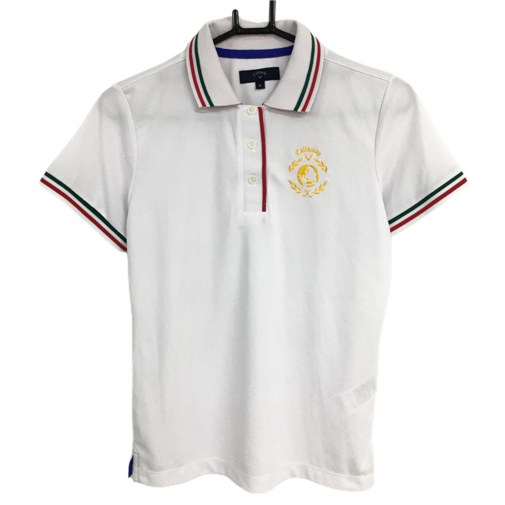 【美品】キャロウェイ 半袖ポロシャツ 白×レッド ネック袖口ライン 襟裏ロゴ レディース M ゴルフウェア Callaway