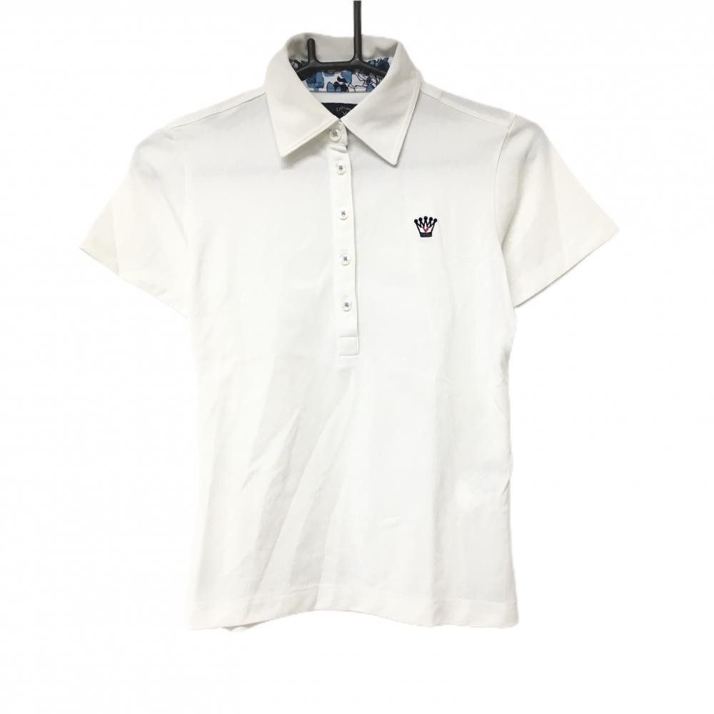 キャロウェイ 半袖ポロシャツ 白 クラウン刺しゅう 襟裏花柄  レディース S ゴルフウェア Callaway