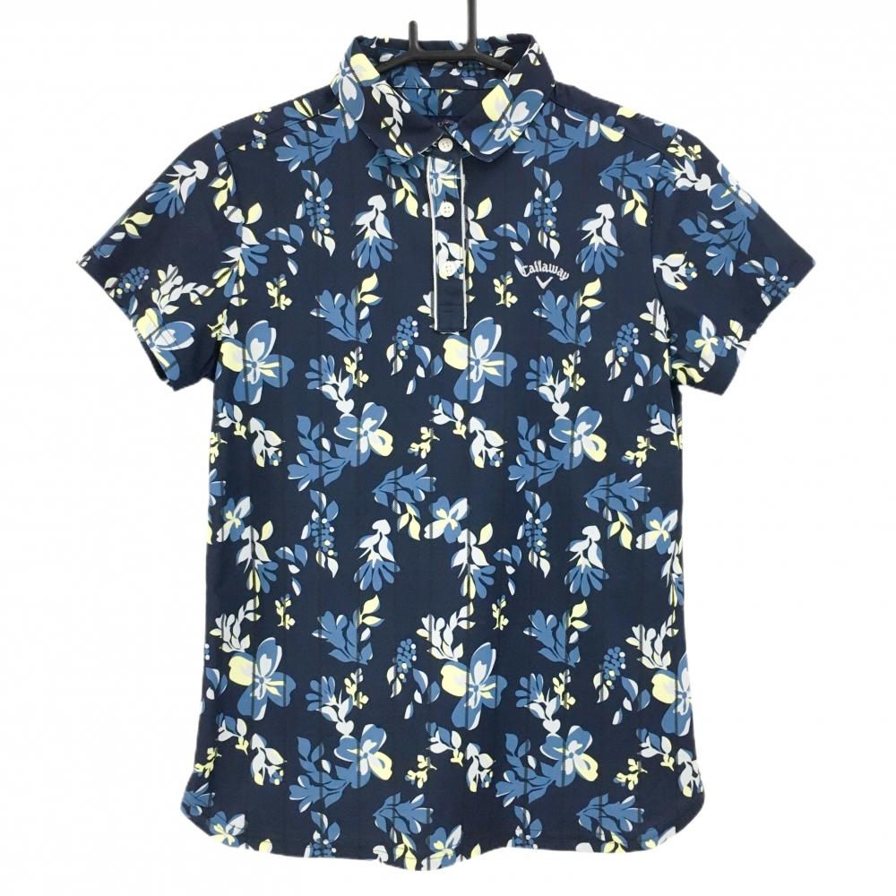 【超美品】キャロウェイ 半袖ポロシャツ ネイビー×イエロー 花柄 ストライプ レディース M ゴルフウェア 2023年モデル Callaway
