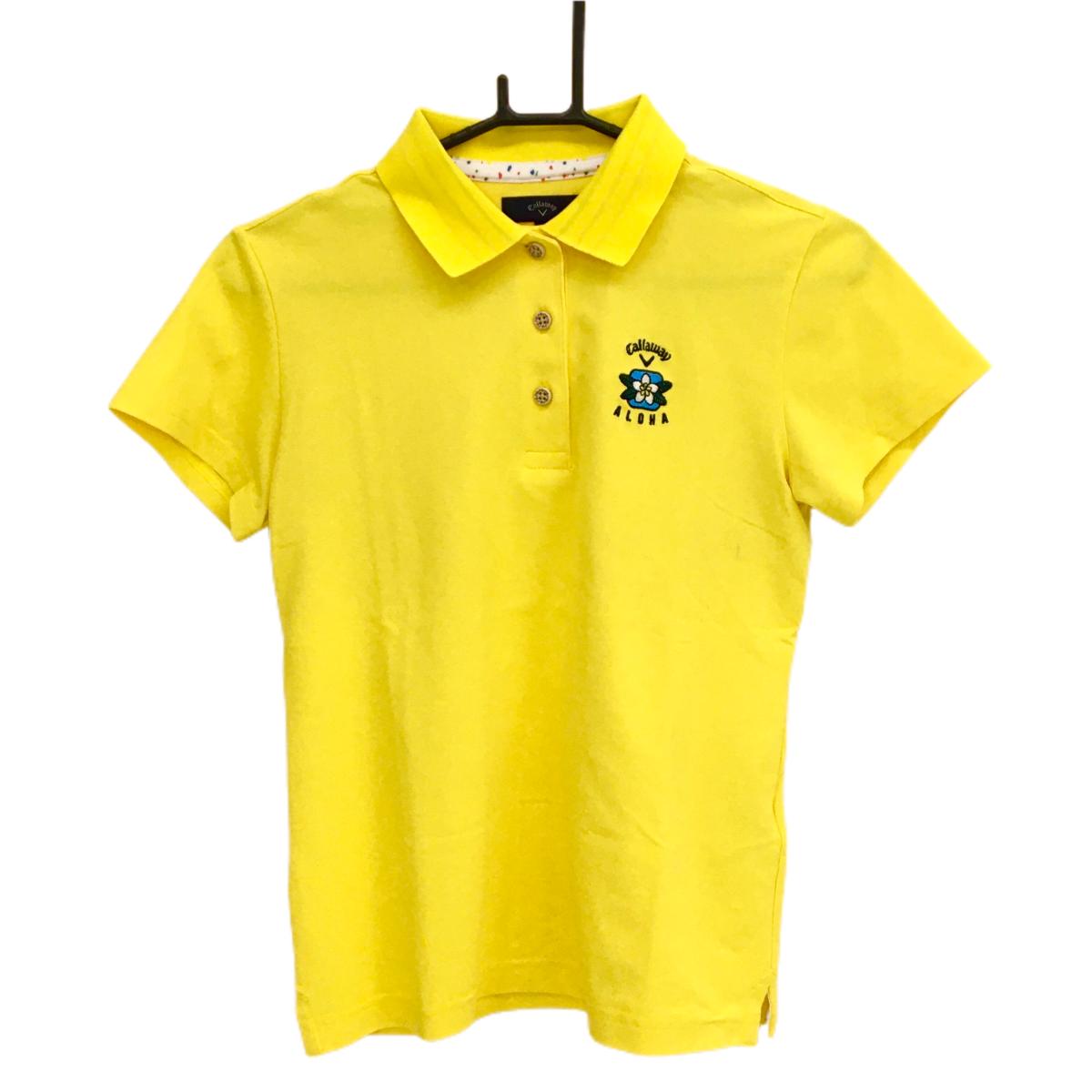 キャロウェイ 半袖ポロシャツ イエロー 織生地 ロゴ刺しゅう 襟裏ボーダー レディース M ゴルフウェア Callaway