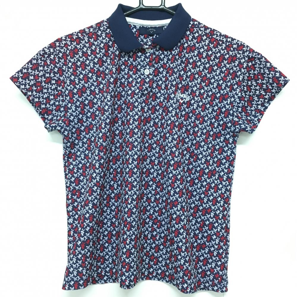 【美品】キャロウェイ 半袖ポロシャツ ネイビー×白 総柄 ロゴ刺しゅう レディース M ゴルフウェア Callaway