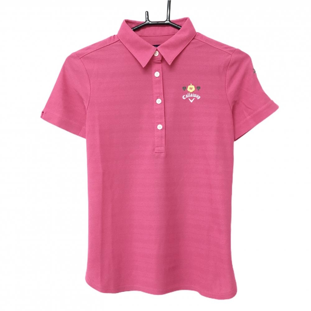 【超美品】キャロウェイ 半袖ポロシャツ ピンク 胸元ハイビスカス刺しゅう レディース S ゴルフウェア Callaway