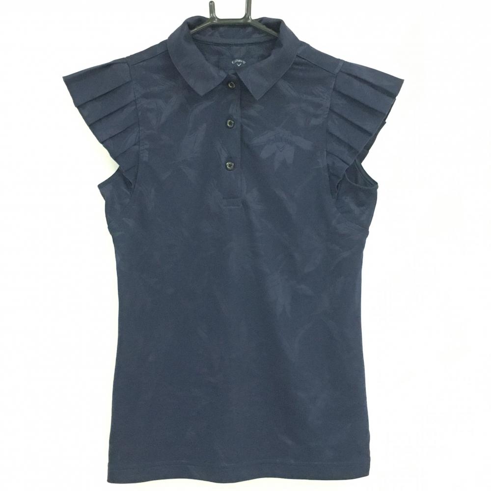 キャロウェイ 半袖ポロシャツ ネイビー リーフ柄地模様 袖フリル  レディース S ゴルフウェア Callaway