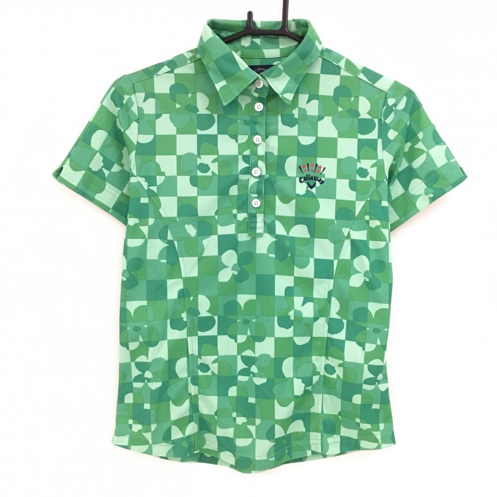 【美品】キャロウェイ 半袖ポロシャツ グリーン×ライトグリーン クローバー柄 ブロックチェック  レディース M ゴルフウェア Callaway