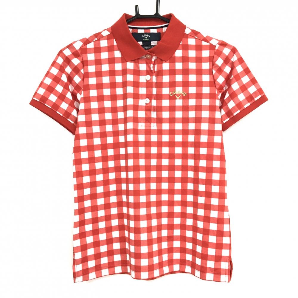 【超美品】キャロウェイ 半袖ポロシャツ レッド×白 チェック ロゴ刺しゅう レディース M ゴルフウェア Callaway