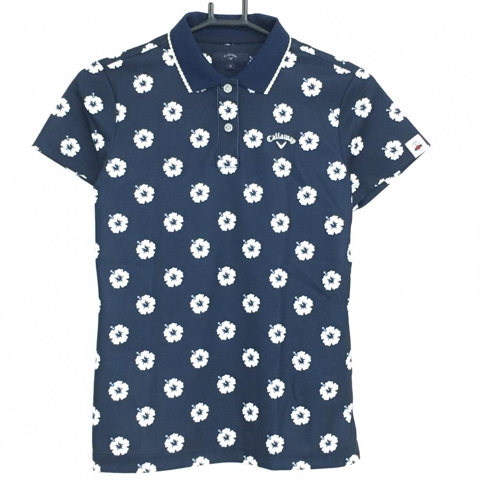 【超美品】キャロウェイ 半袖ポロシャツ ネイビー×白 花柄 ロゴ刺しゅう レディース M ゴルフウェア Callaway