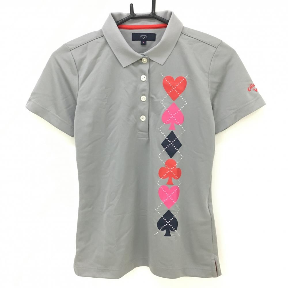 【超美品】キャロウェイ 半袖ポロシャツ グレー×レッド 一部トランプ柄 レディース M ゴルフウェア Callaway