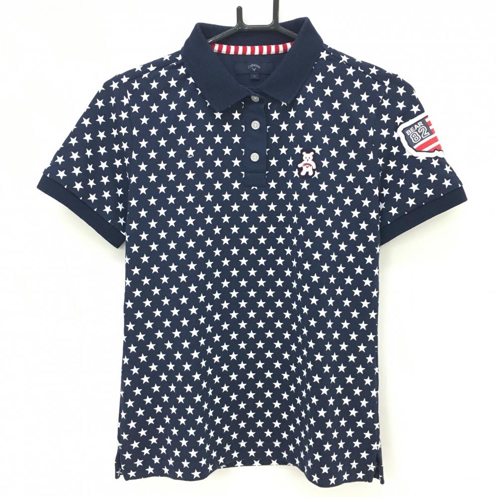 キャロウェイ 半袖ポロシャツ ネイビー×白 星柄 ベアワッペン レディース L ゴルフウェア Callaway