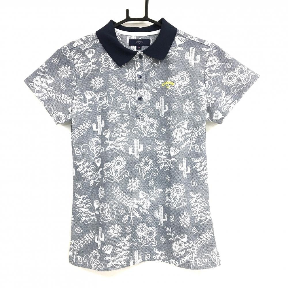 【超美品】キャロウェイ 半袖ポロシャツ ネイビー×白 総柄 ロゴ刺しゅう  レディース M ゴルフウェア Callaway