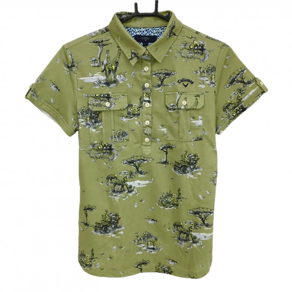 【超美品】キャロウェイ 半袖ポロシャツ スモーキーグリーン×ダークグリーン  レディース L ゴルフウェア Callaway