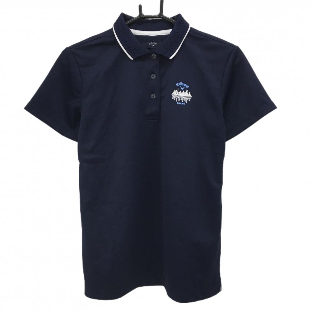 【美品】キャロウェイ 半袖ポロシャツ ネイビー×白 襟一部メッシュ TOKYO 後ろ裾糸引き レディース  ゴルフウェア Callaway