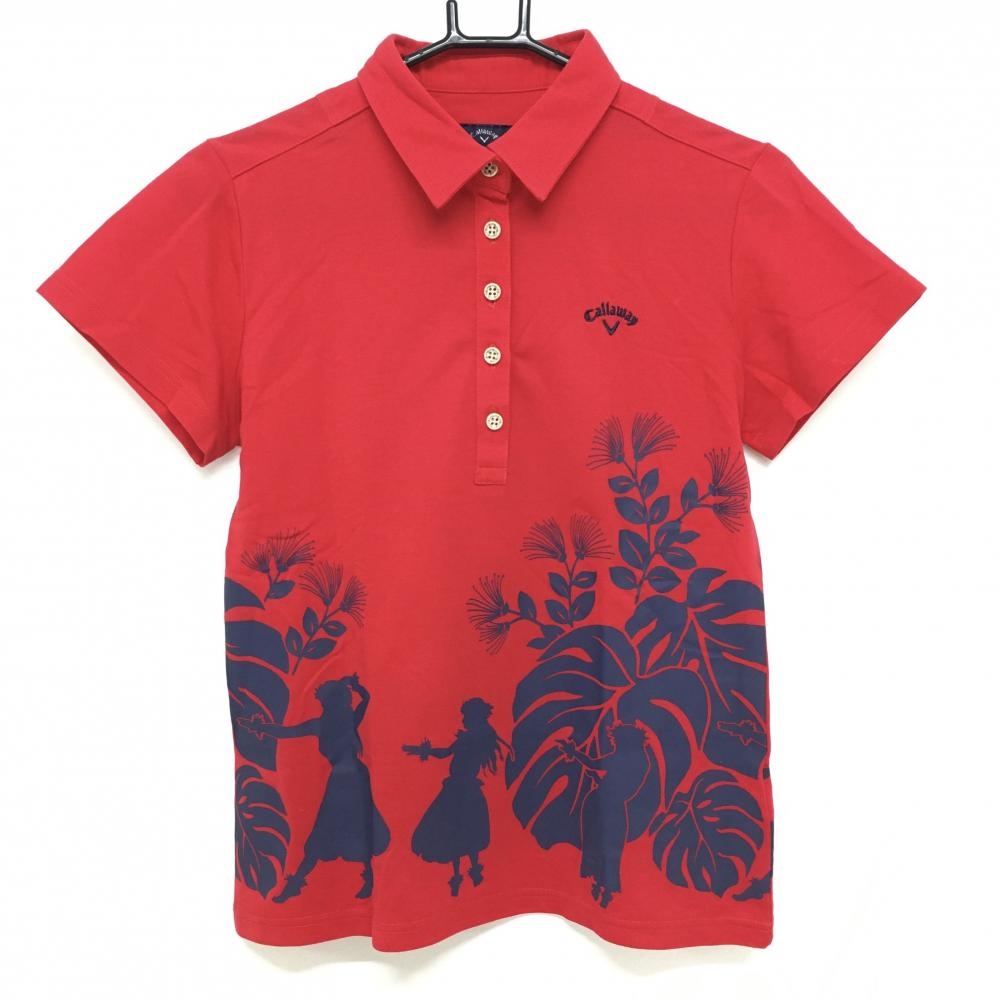 キャロウェイ 半袖ポロシャツ レッド×ネイビー リーフ フラダンス レディース L ゴルフウェア Callaway