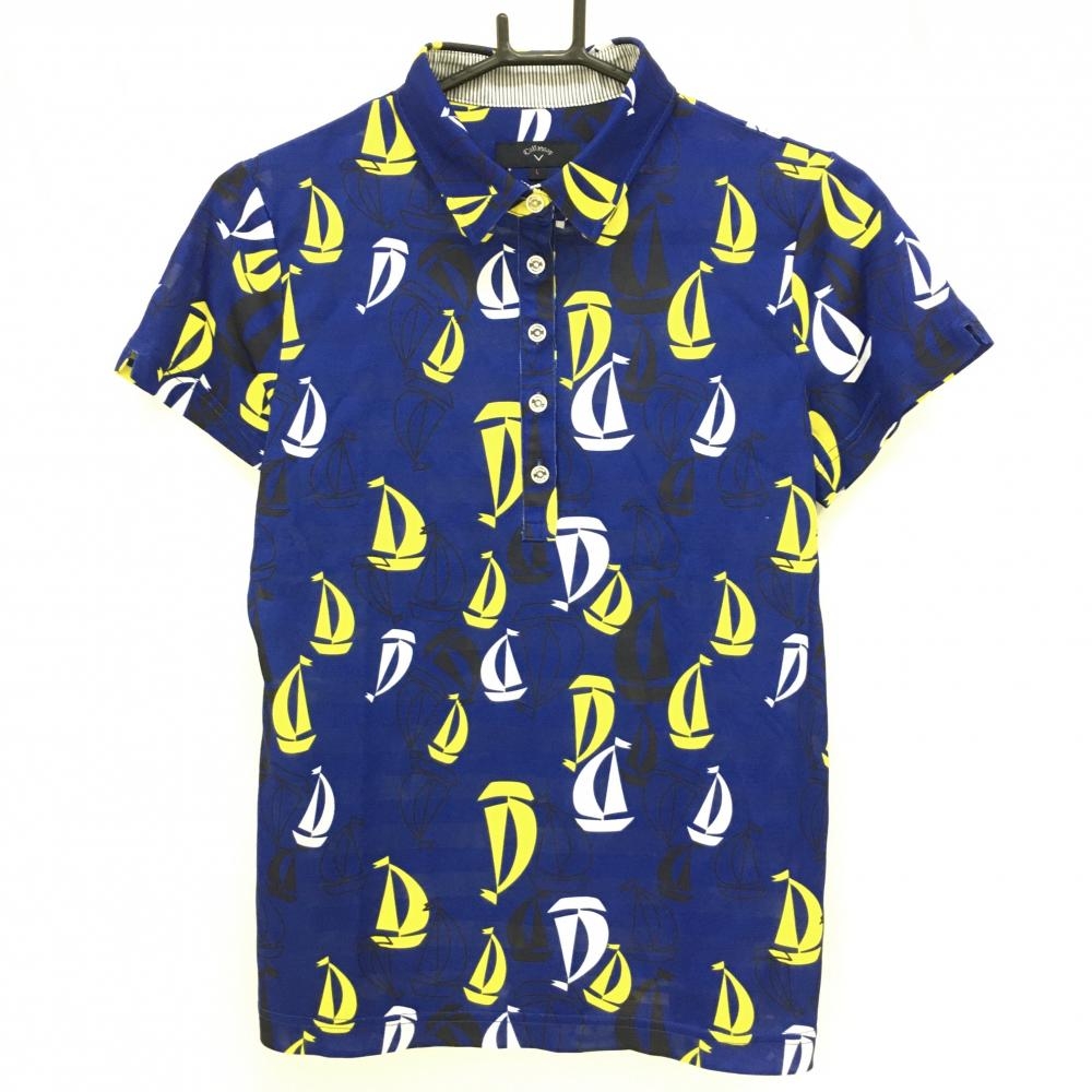 【美品】キャロウェイ 半袖ポロシャツ ブルー×イエロー ヨット柄 ボーダー織生地  レディース L ゴルフウェア Callaway