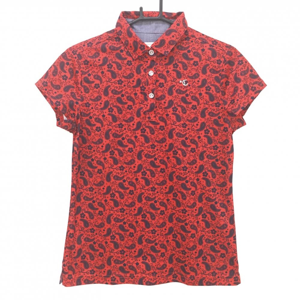 【超美品】キャロウェイ 半袖ポロシャツ レッド×ネイビー ペイズリー柄 ロゴ刺しゅう レディース L ゴルフウェア Callaway