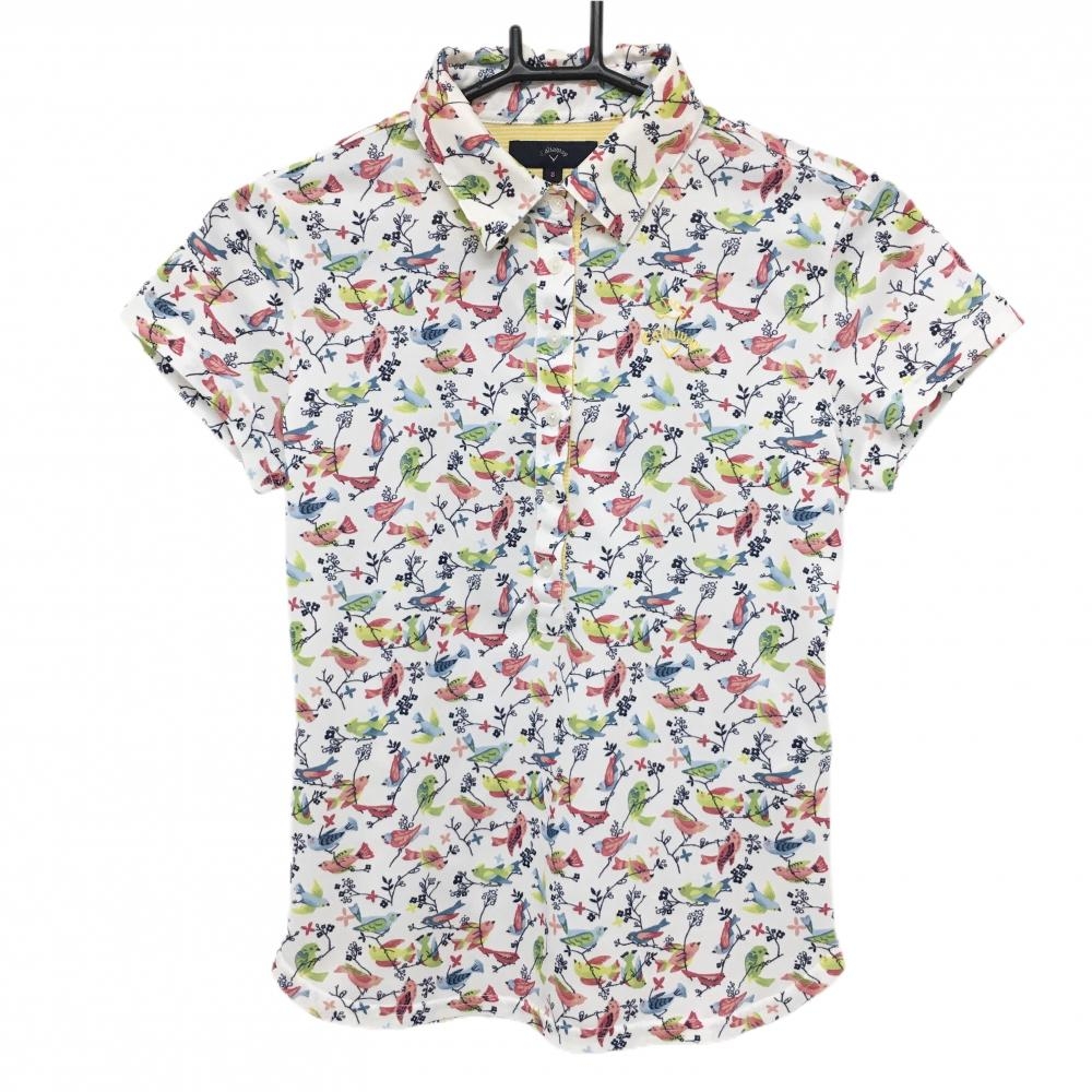 【超美品】キャロウェイ 半袖ポロシャツ 白×ピンク系×グリーン系 総柄 鳥  レディース S ゴルフウェア Callaway