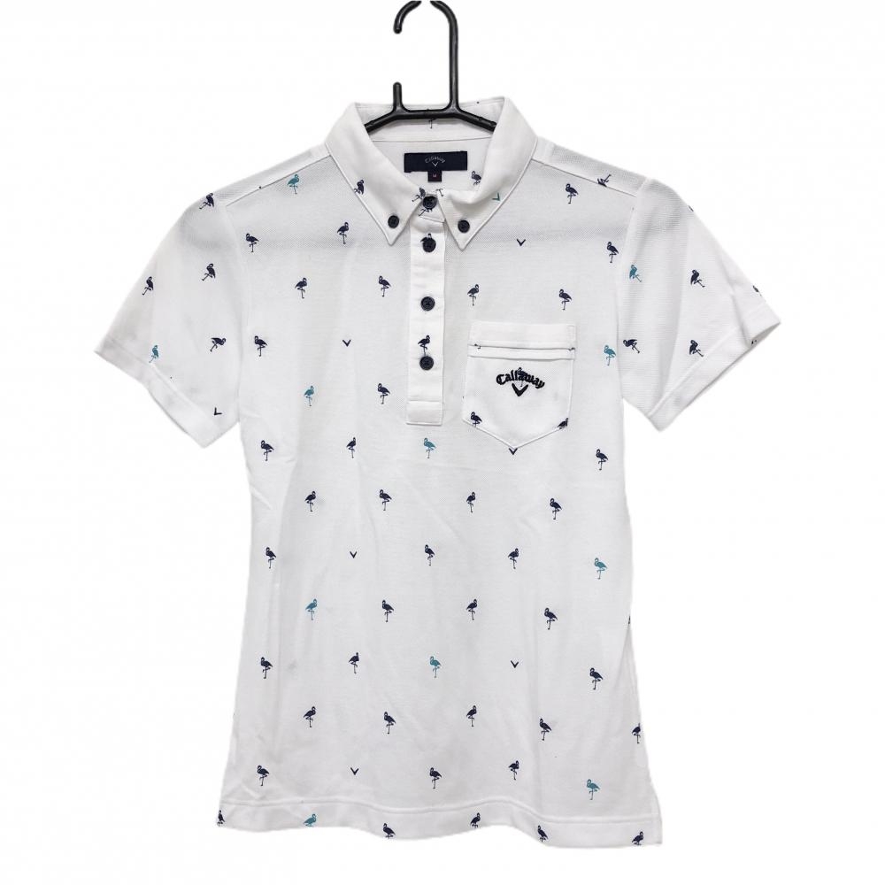 キャロウェイ 半袖ポロシャツ 白×ネイビー フラミンゴ柄 胸ポケット ボタンダウン  レディース M ゴルフウェア サンプル品 Callaway